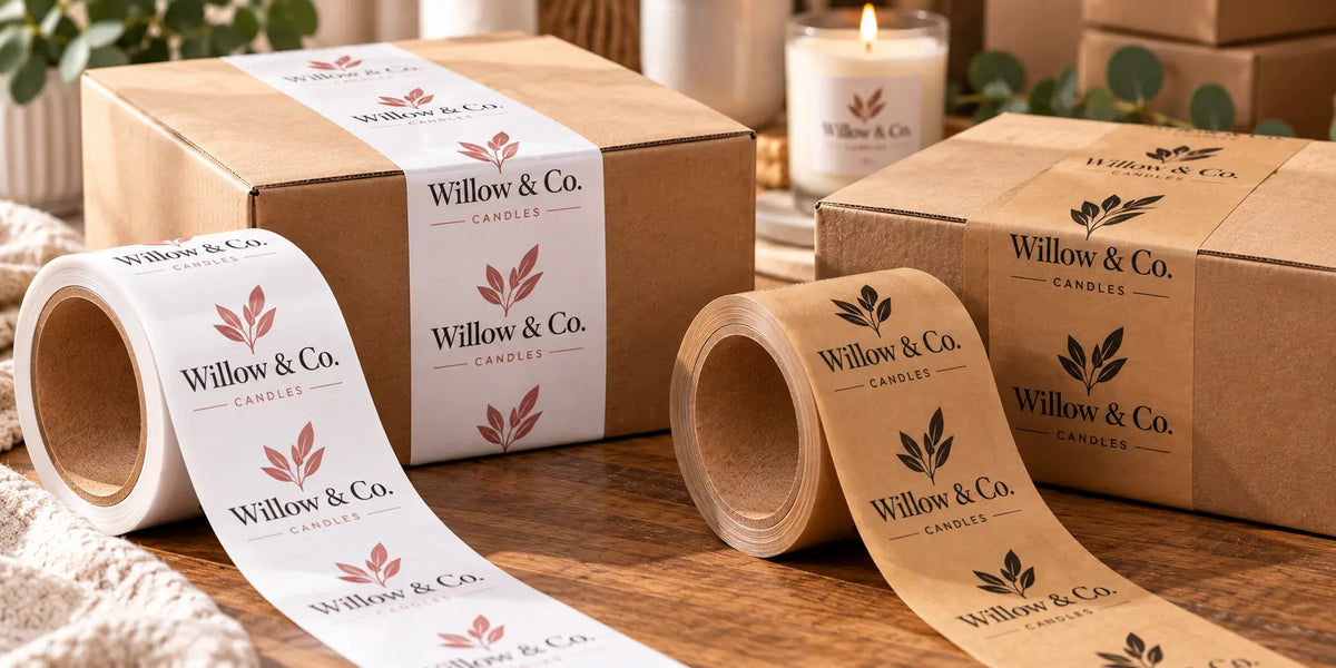 Custom printed paper packaging tape on branded kraft parcels