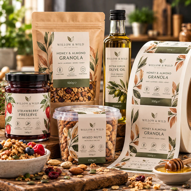 Premium custom printed food packaging labels on rolls, featuring Willow & Wild artisan granola pouches, strawberry preserve jars, olive oil bottles and mixed nut containers with elegant botanical label designs.